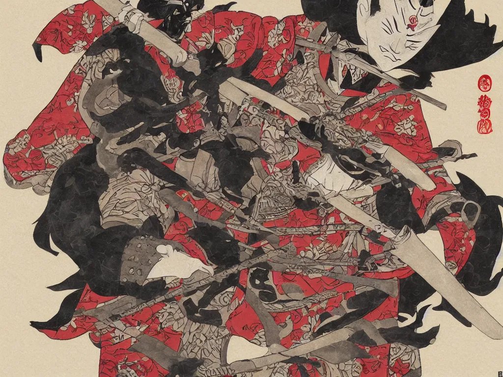 Image similar to edo samurai with full armor wearing hannya mask meditating, detailed illustration, realistic, animation still in the style of studio ghibli