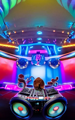 Prompt: award winning photo of an octopus! as a dj with tentacles! simultaneously placed turntables cdjs and knobs of a pioneer dj mixer. sharp, blue and fuschia colorful lighting, in front of a large crowd, studio, medium format, 8 k detail, volumetric lighting, wide angle, at an outdoor psytrance festival main stage at night