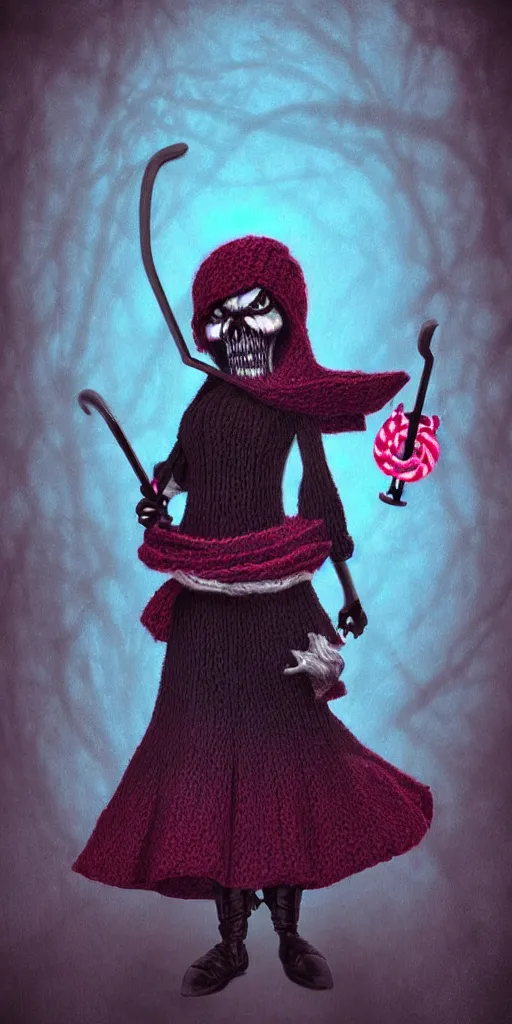 Image similar to knit candypunk grim reaper, high - quality, character design : : 2 beautiful lighting, magicpunk, dollpunk, 1 6 k, oled