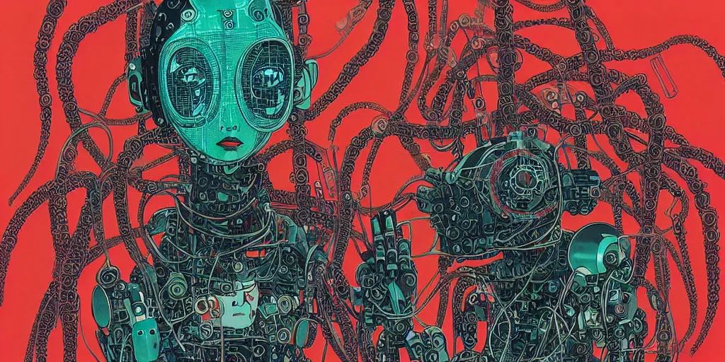 Image similar to risograph grainy drawing vintage sci - fi, antagonist girl, satoshi kon color palette, face covered with robot parts and wires, wearing futuristic scaphander with lot of wires and tentacles, robot parts around and on the background, parking lot, painting by moebius and satoshi kon and dirk dzimirsky close - up portrait