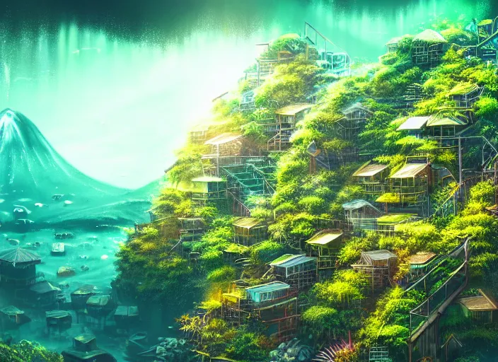 Prompt: lush foliage japanese favela, underwater environment, borealis, scenery, professional, award - winning, trending on artstation, hyper detailed, realistic, beautiful, emotional, shiny, golden, picture