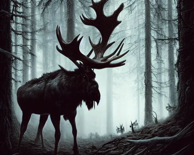 Image similar to 5 5 mm portrait photo of an armored demonic undead rotting moose with antlers, in a magical forest looking at the camera. dark atmosphere. art by greg rutkowski and luis royo. highly detailed 8 k. intricate. lifelike. soft light. nikon d 8 5 0.