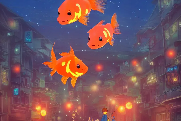 Image similar to fantasy art of glowing goldfish swimming in the air, in the streets of a japanese town at night, with children outside watching in wonder, in the style of studio ghibli and makoto shinkai, highly detailed digital art, trending on artstation