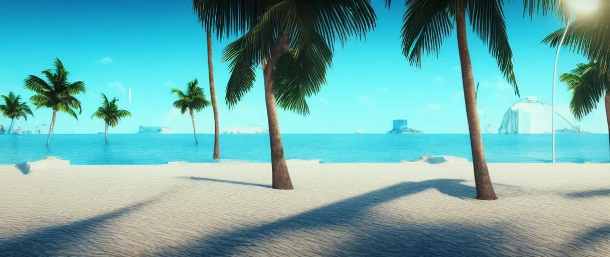 Prompt: synthwave beach, palm trees, water with caustics, 3 d octane render, raytracing, dynamic lighting, focus