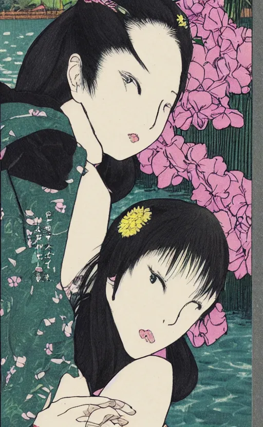 Prompt: by akio watanabe, manga art, a black hair girl sitting on wooden lake bridge and iris flowers, trading card front, kimono, realistic anatomy