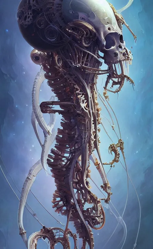 Image similar to Cyborg biomechanical jellyfish skeleton, sci-fi, highly detailed, digital painting, artstation, concept art, smooth, sharp focus, illustration, art by artgerm and greg rutkowski and alphonse mucha