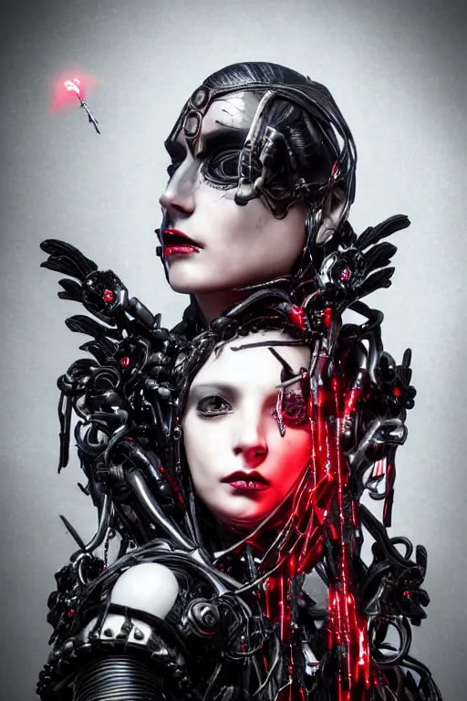Prompt: full-body cyberpunk style sculpture of a young beautiful dark priestess, half android with a head opening exposing circuitry, glowing red eyes, black roses, flowing blood-red colored silk, fabric, candles, baroque elements. human skull. full-length view. baroque element, intricate artwork by Caravaggio. crows flying in background. Trending on artstation. octane render, cinematic lighting from the right, hyper realism, octane render, 8k, depth of field, 3D