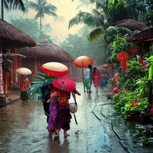 Image similar to monsoon on tropical island, chinese, ornate, beautiful, atmosphere, vibe, mist, coconuts, rain, wet, pristine, puddles, melting, dripping, snow, creek, lush, ice, bridge, forest, roses, flowers, by stanley artgerm lau, greg rutkowski, thomas kindkade, alphonse mucha, loish, norman rockwell