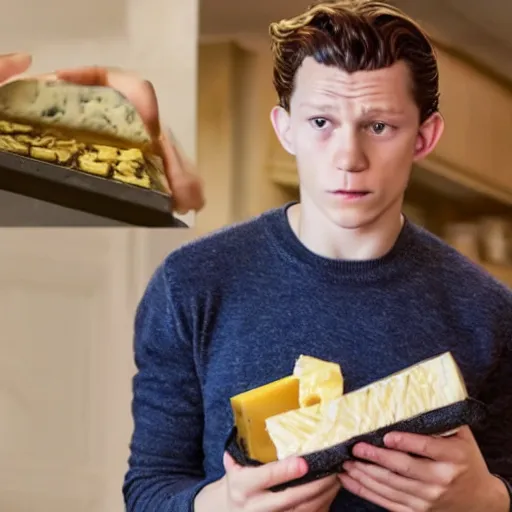 Image similar to sad tom holland holding a wallet full of cheese