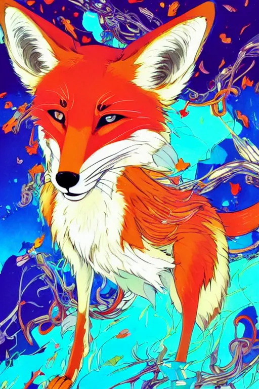 Prompt: maximalist joyful fox, trending on pixiv fanbox, painted by makoto shinkai takashi takeuchi studio ghibli, akihiko yoshida, yoshitaka amano, wangechi mutu, clean cel shaded vector art. shutterstock. behance hd by lois van baarle, artgerm, helen huang, rossdraws, illustration