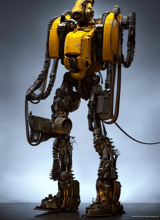 Image similar to a photorealistic dramatic hyperrealistic render of a futuristic exosuit power loader heavy machinery, ultra realistic details, glossy yellow, well worn, rust, oil stains by vitaly bulgarov and mike nash, beautiful dramatic dark moody tones and lighting, cinematic atmosphere, studio lighting, global illumination, shadows, dark background, octane render, 8 k