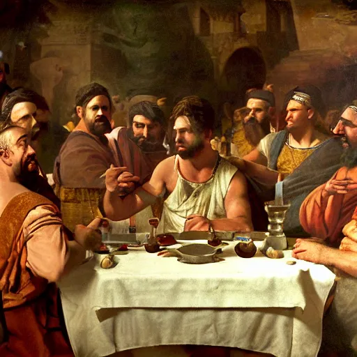 Prompt: Two men arguing at a crowded table at a Roman feast, beautiful and realistic matte painting