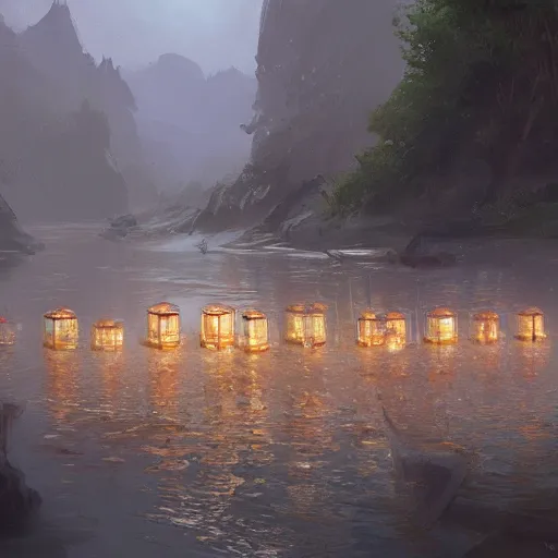 Image similar to concept art, river lanterns, by james gurney, greg rutkowski, john howe, artstation