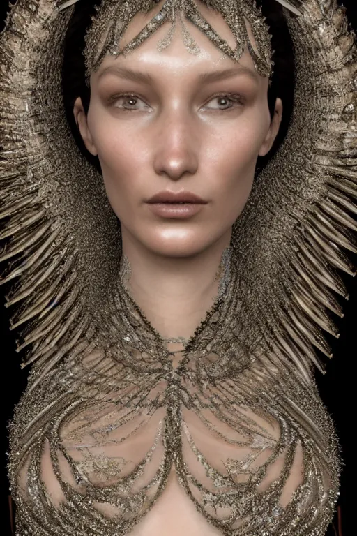 Image similar to a highly detailed 4 k render of a beautiful alien goddess bella hadid in iris van herpen dress schiaparelli in diamonds in style of alphonse mucha trending on artstation made in unreal engine 4