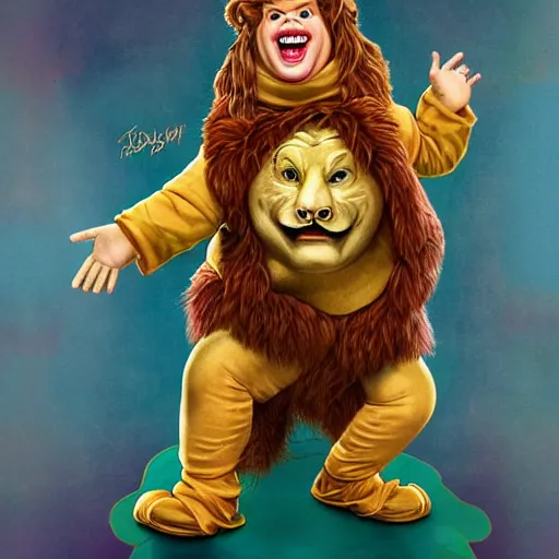 Image similar to snl chris farley as the cowardly lion of oz, studio poster photography, trending on artstation, featured on deviantart, award winning costume