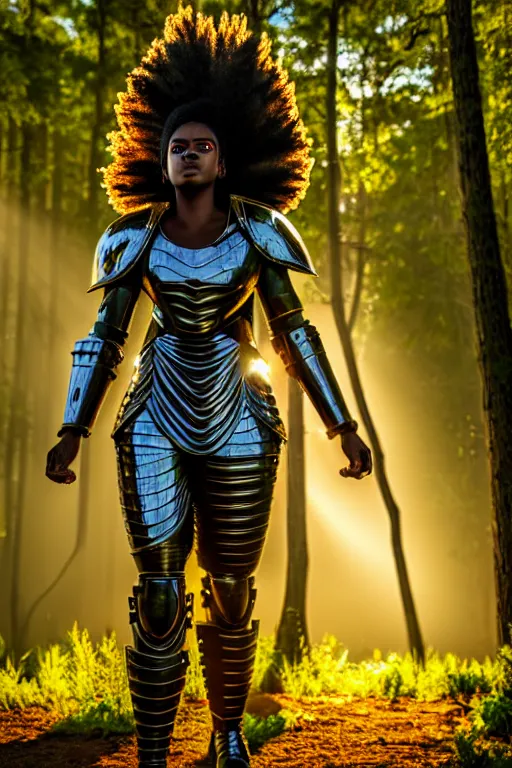 Image similar to hyperrealistic mithra black woman in armor in a forest sun behind her concept art eric zener elson peter cinematic side soft yellow light low angle hd 8k sharp shallow depth of field