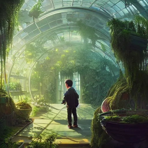 Image similar to , boy with grandma in scifi green house, spaceship, plants, stephen bliss, misty, unreal engine, pixar, fantasy art by greg rutkowski, loish, ferdinand knab, and lois van rossdraws, global illumination, radiant light, minimalist, detailed and intricate environment