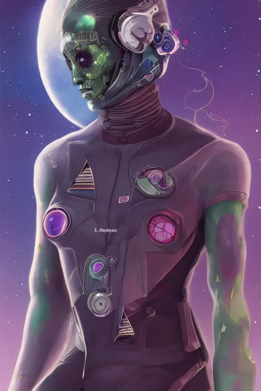 Prompt: upper body portrait villaincore lunarpunk androgynous voidpunk eclipsekin otherkin persona, nebula spacesuit visor, tattered clothing, jumpsuit, cyborg, by lisa frank and alan lee single face, trending on artstation, wlop, detailed, intricate, elegant