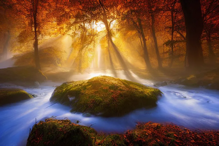 Image similar to landscape photography of fundatura ponorului by marc adamus, morning, mist, rays of light, beautiful