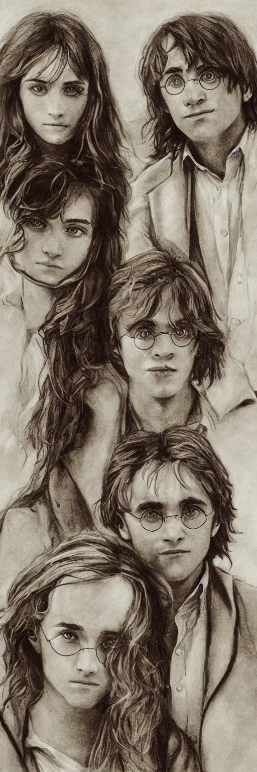 Prompt: Harry Potter Ron and Hermione in Venice, drawn by Mikhail Vrubel, hyper realistic face, symmetrical face, beautiful eyes,