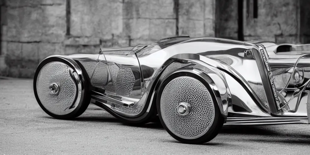 Prompt: Photo of a chrome sports car designed by Rene Lalique, sigma 50mm, ƒ/8, hyper detailed.