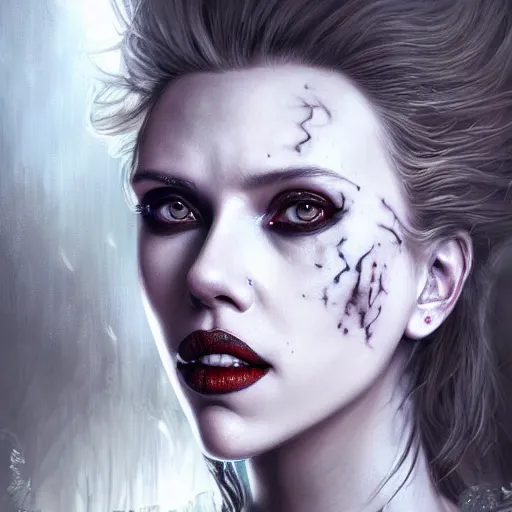 Prompt: detailed portrait of scarlett johansson as a cute undead zombie goth monster girl, beautiful, fantasy, intricate, elegant, highly detailed, digital painting, artstation, concept art, matte, sharp focus, illustration, art by aenaluck, artgerm and roberto ferri and greg rutkowski, epic fantasy, digital painting