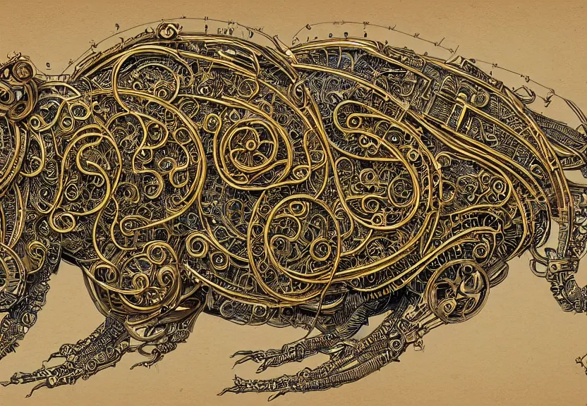 Image similar to schematic blueprint of highly detailed ornate filigreed convoluted ornamented elaborate cybernetic rat, wide wooden frame with gold leaf, art by da vinci