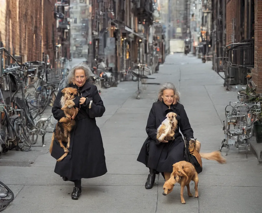 Image similar to closeup portrait of beautiful woman carrying a dog, smoky new york back street, by annie leibovitz and steve mccurry, natural light, detailed face, canon eos c 3 0 0, ƒ 1. 8, 3 5 mm, 8 k, medium - format print