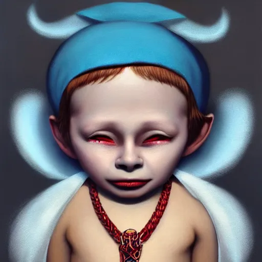 Prompt: a baby angel wearing a mask and chain around his neck, an airbrush painting by Jamie Hewlett, cgsociety, symbolism, antichrist, aesthetic, 8k