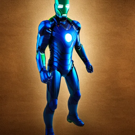 Prompt: green and blue iron man suit, 4k realistic photo