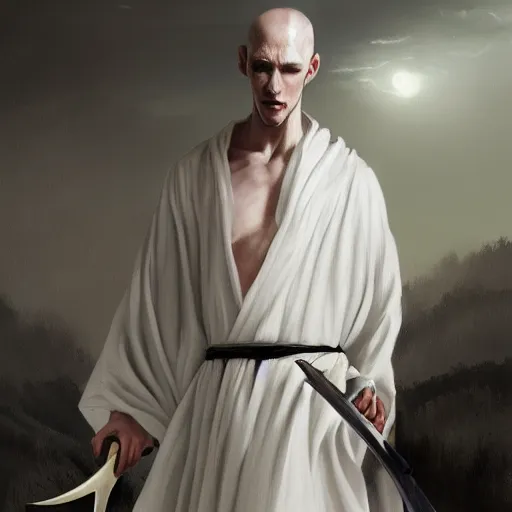 Image similar to fantasy painting of a pale man dressed in robes with a black blade, painted by Bayard Wu, ultra detailed, 8k