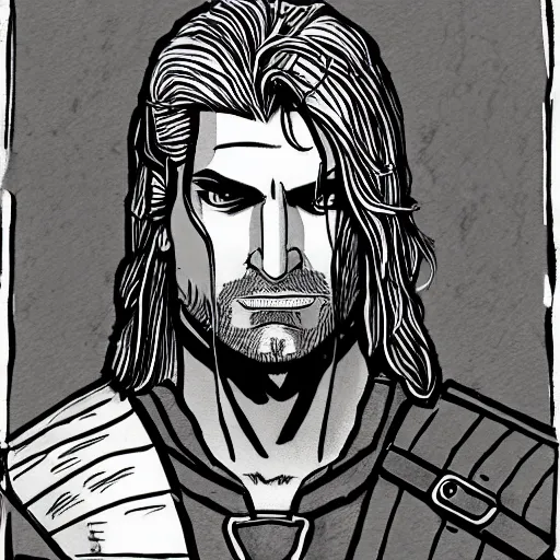 Image similar to precisely drawn illustration of geralt of rivia drawn in the style of the dragon prince