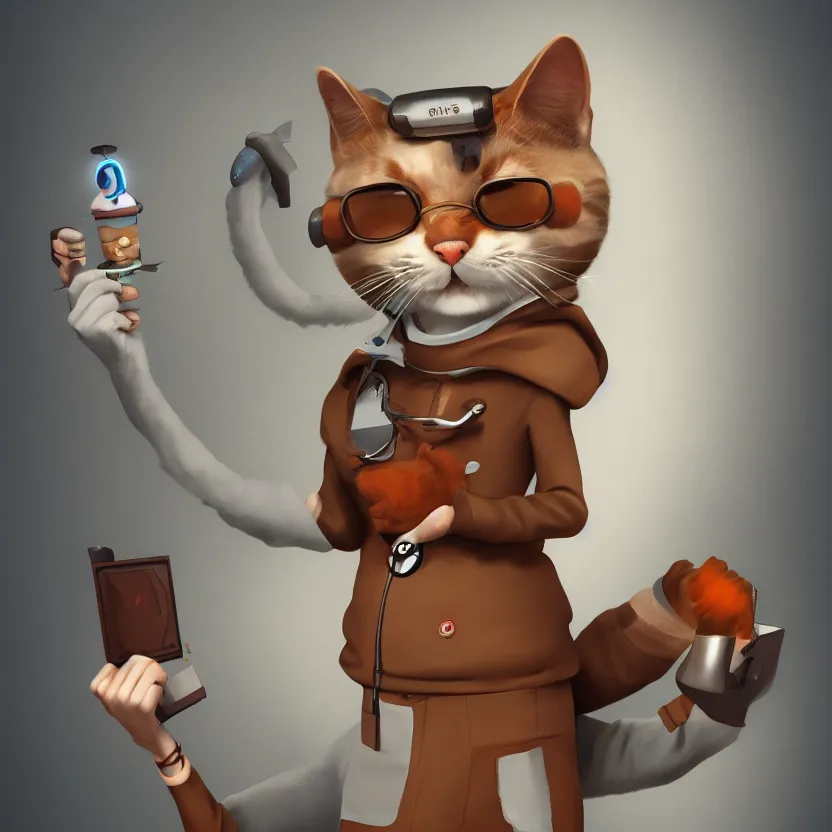 Prompt: anthropomorphic cat scientist, stylized, trending on artstation, 4 k, digital painting