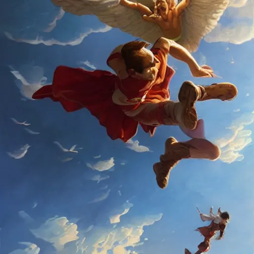 Prompt: a flying man catching a child that is falling from a cliff. photorealistic. realism. 4 k wideshot. cinematic. unreal engine. masterpiece. rule of thirds. beautiful. marc simonetti. jc leyendecker