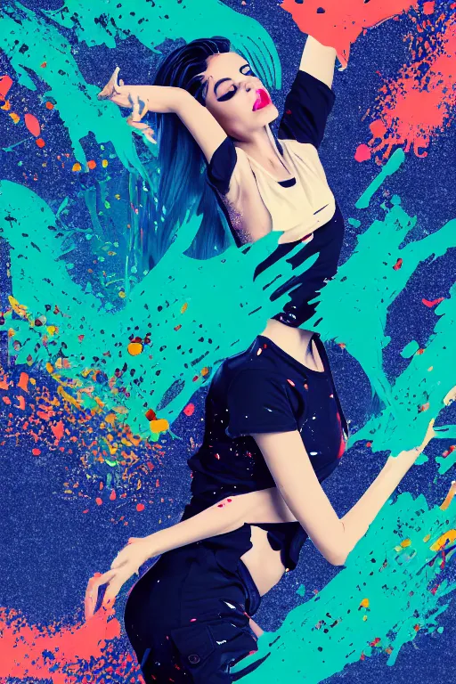 Image similar to a award winning half body portrait of a beautiful woman in a croptop and cargo pants with ombre navy blue teal hairstyle with head in motion and hair flying, paint splashes, splatter, outrun, vaporware, shaded flat illustration, digital art, trending on artstation, highly detailed, fine detail, intricate