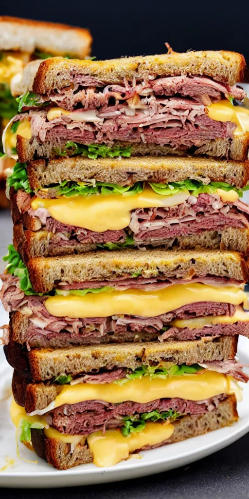 Prompt: a photograph of a rueben tower sandwich filled with so much cornbeef roasted meat that the sandwich is 5 - 1 0 x times taller than other sandwiches, it looks mouth watering with melting cheeses and grilled onions, 1 0 0 0 island dressing and pumpernickle bread cooked to perfection, food photography