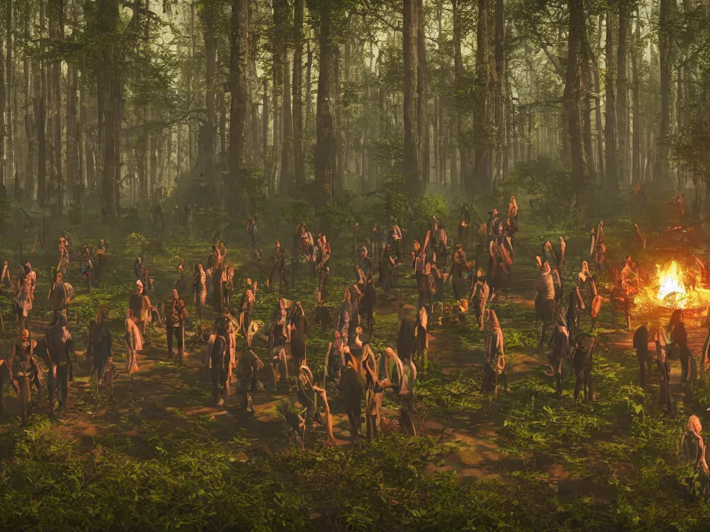 Prompt: a hyper realistic professional 3d render of a mystical cyberpunk tribe gathering at a magical location in the forest lit by fire and intense laser lights extreme wide angle view from below