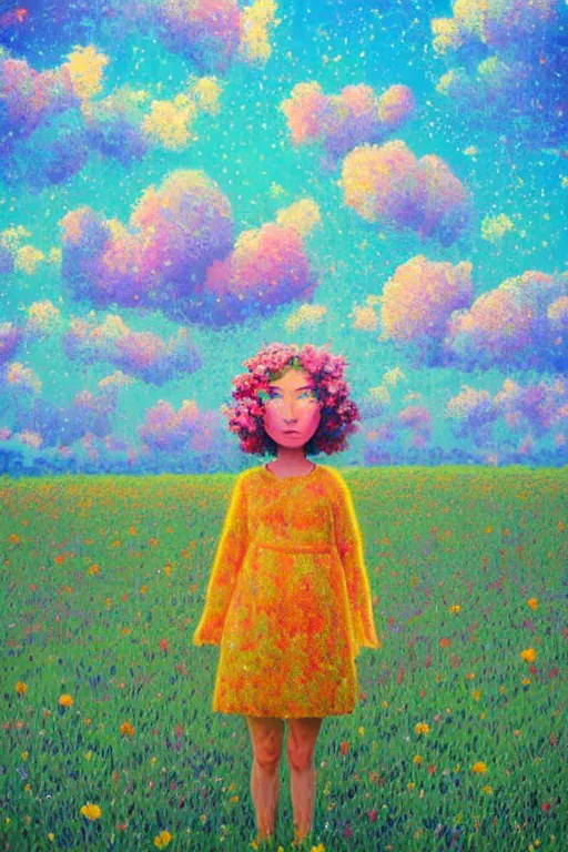 Prompt: girl with big flower as a face, standing in a flower field, big trees, sunrise dramatic light, impressionist painting, colorful clouds, digital painting, pointillism, artstation, simon stalenhag