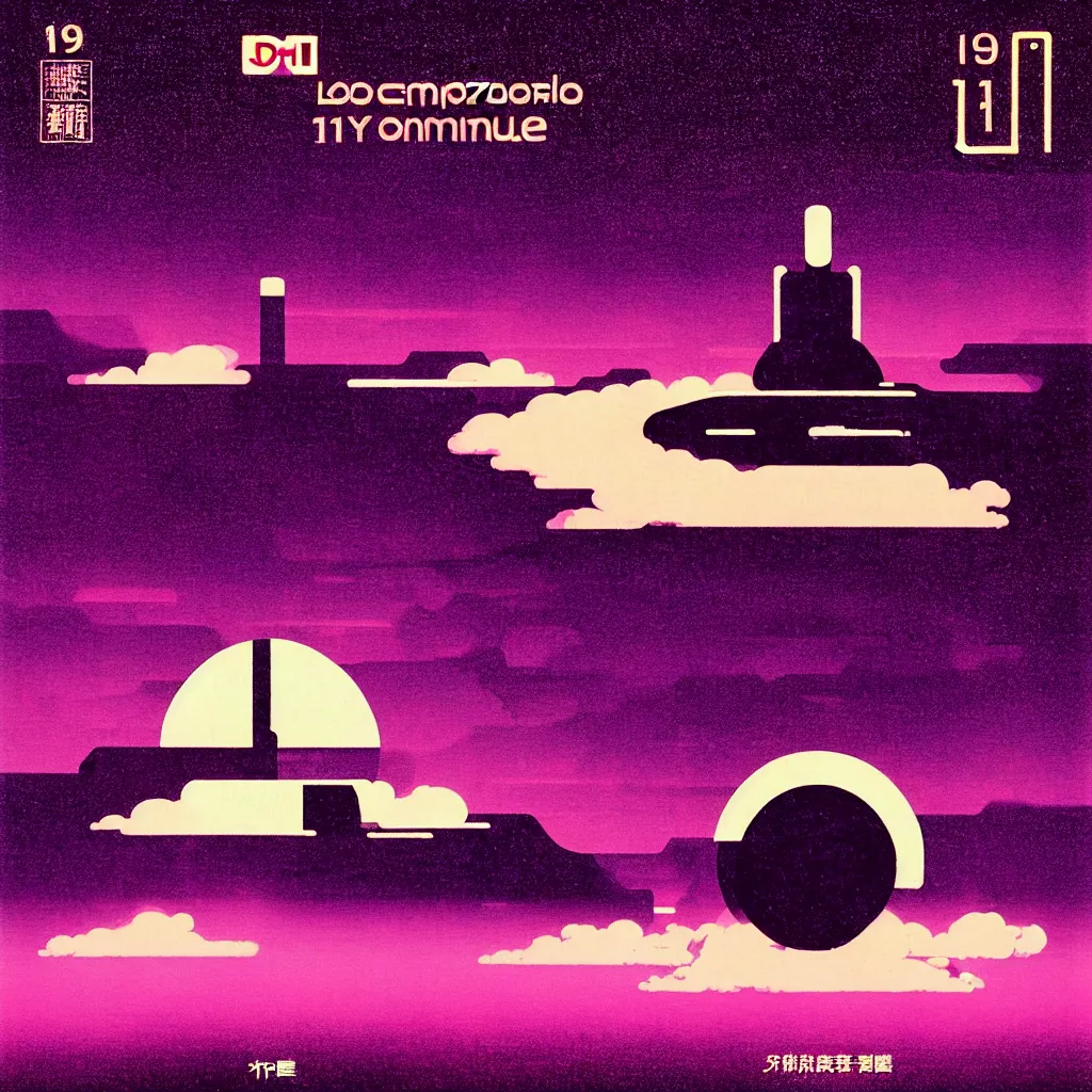 Prompt: 1 : 1 album artwork, technology sci - fi, 1 9 8 0's minimalistic, dark colours, gradients, analogue texture, desaturated colours, silly, neon synth wave, computer music, lo - fi, in the style of yoshiyuki tomino, japanese 1 9 8 0's album cover