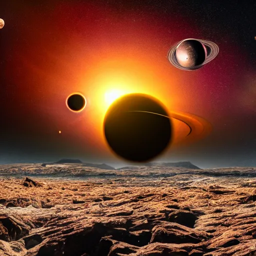 Image similar to photo of an alien planet with multiple planets in the sky