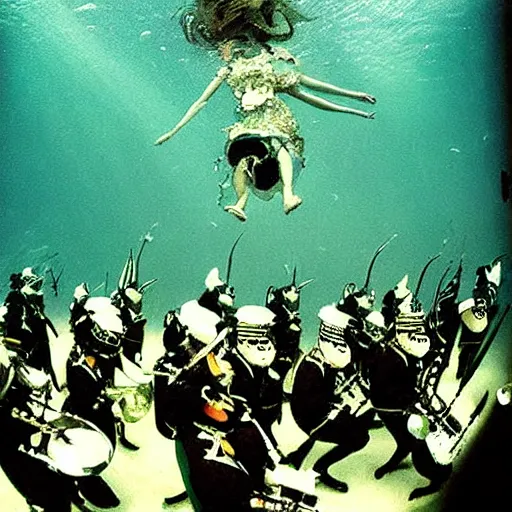 Image similar to Underwater photo of a marching band by Trent Parke, clean, detailed, Magnum photos