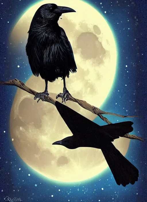 Image similar to book cover, crow in front of the full big moon, realistic colors, digital art