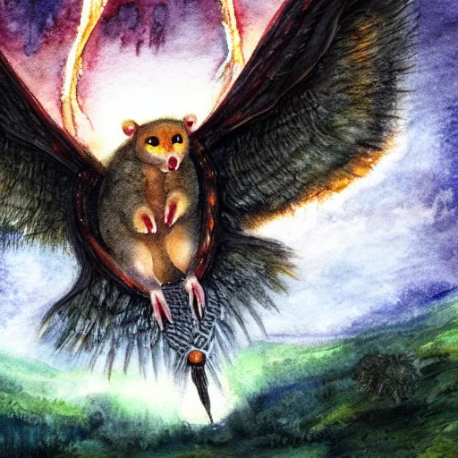 Prompt: legendary fire winged possum flying over a medieval forest castle at night under the dark starred sky, dark fantasy, watercolor, dreaming illusion, highly detailed, 4k, trending on Artstation