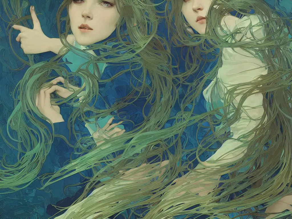 Image similar to blue and green waves, artstation, concept art, smooth, sharp focus, illustration, art by alphonse mucha and tian zi and WLOP