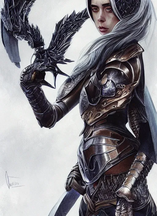 Image similar to Billie Eilish in medieval armor, artwork by artgerm