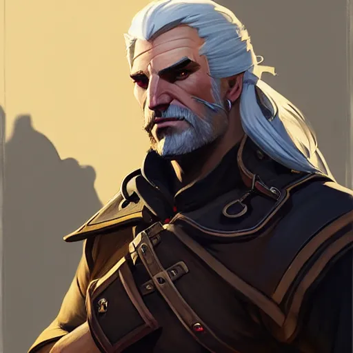 Image similar to Greg Manchess portrait painting of Geralt of Riva as Overwatch character, medium shot, asymmetrical, profile picture, Organic Painting, sunny day, Matte Painting, bold shapes, hard edges, street art, trending on artstation, by Huang Guangjian and Gil Elvgren and Sachin Teng