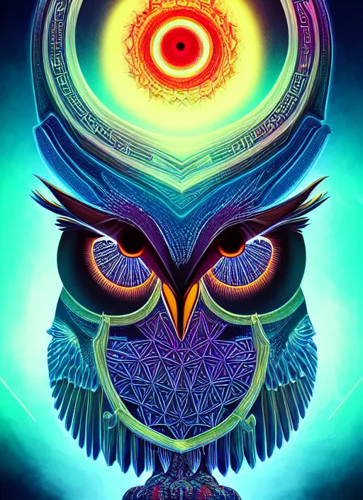 Image similar to symmetry!! product render poster vivid colors divine proportion owl, scifi, glowing fog intricate, elegant, highly detailed, digital painting, artstation, concept art, smooth, sharp focus, illustration,