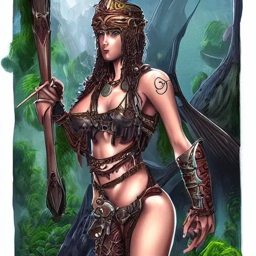 Image similar to digital art of female warrior in bikini armor in highly detailed fantasy jungle