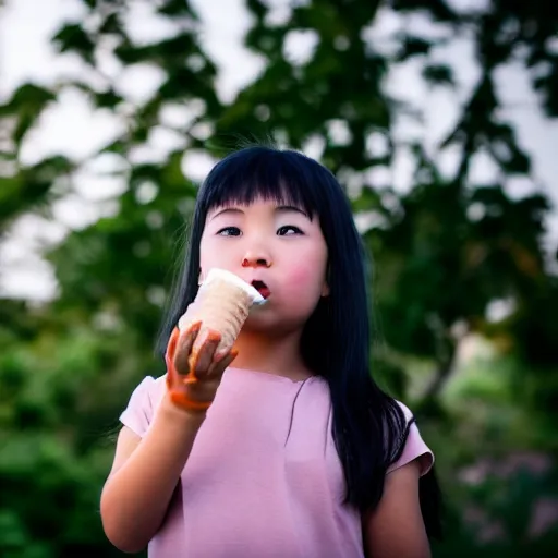 Image similar to an asian girl looking at the sky while having a chocolate ice cream canon eos 5 d mark iv