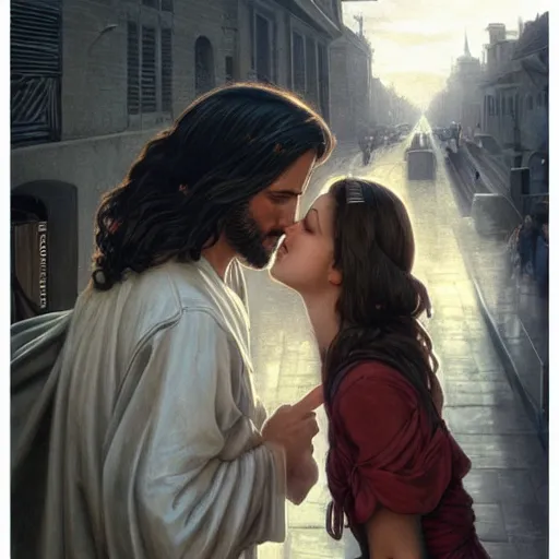 Image similar to jesus kissing a woman in a street, elegant, highly detailed, digital painting, artstation, concept art, matte, sharp focus, highly detailed, 4 k, hdr, smooth, sharp focus, high resolution, award - winning photo, photorealistic, art by artgerm and greg rutkowski and alphonse mucha, large shot